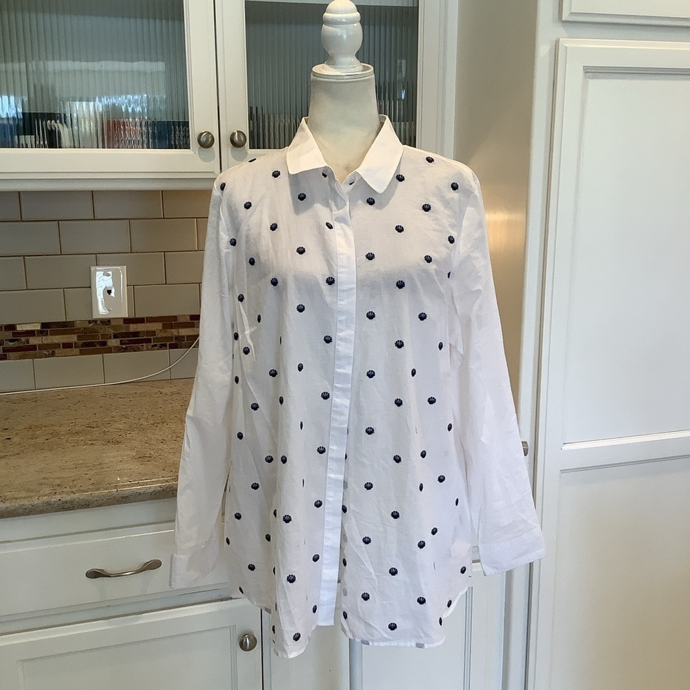 Sportscraft White Blue Seashell Button Down Shirt Size 16 Longer Style